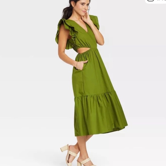 a new day Dresses & Skirts - A New Day Olive Green Maxi side cut out Dress with Ruffle Sleeves